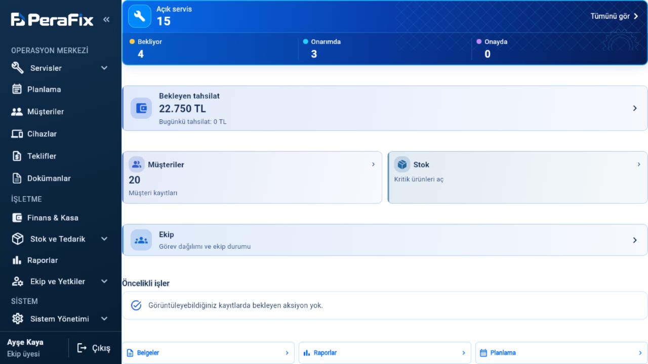 PeraFix bilgisayarda operasyon paneli