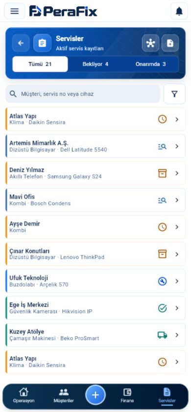PeraFix telefonda servis kayıtları